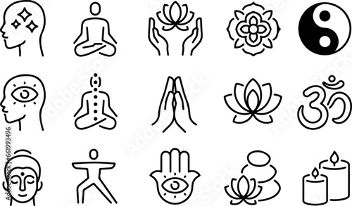 Pixel perfect icon set about meditation, mindfulness, wellness, relaxation, mind relax, yoga. Thin line icons flat vector illustrations editable stroke isolated on transparent background