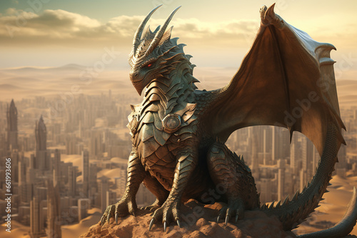 A desert dragon basking in the sun amidst a vast expanse of sand dunes, with mirages of oasis and cities visible in the distance