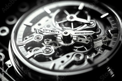 Macro detail of old watch machinery and inscription, black and white closeup of watch mechanism. Business and work concept with glowing light effect. Generative AI