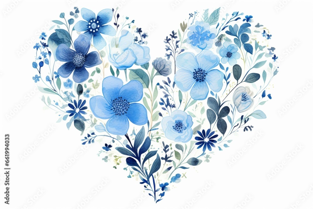 Heart-shaped watercolor flowers, symbolizing love, in soothing shades of blue on a white background. Generative AI