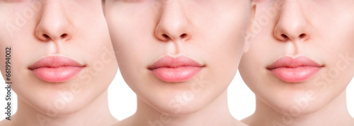 Lips of young woman near set of different female lips.