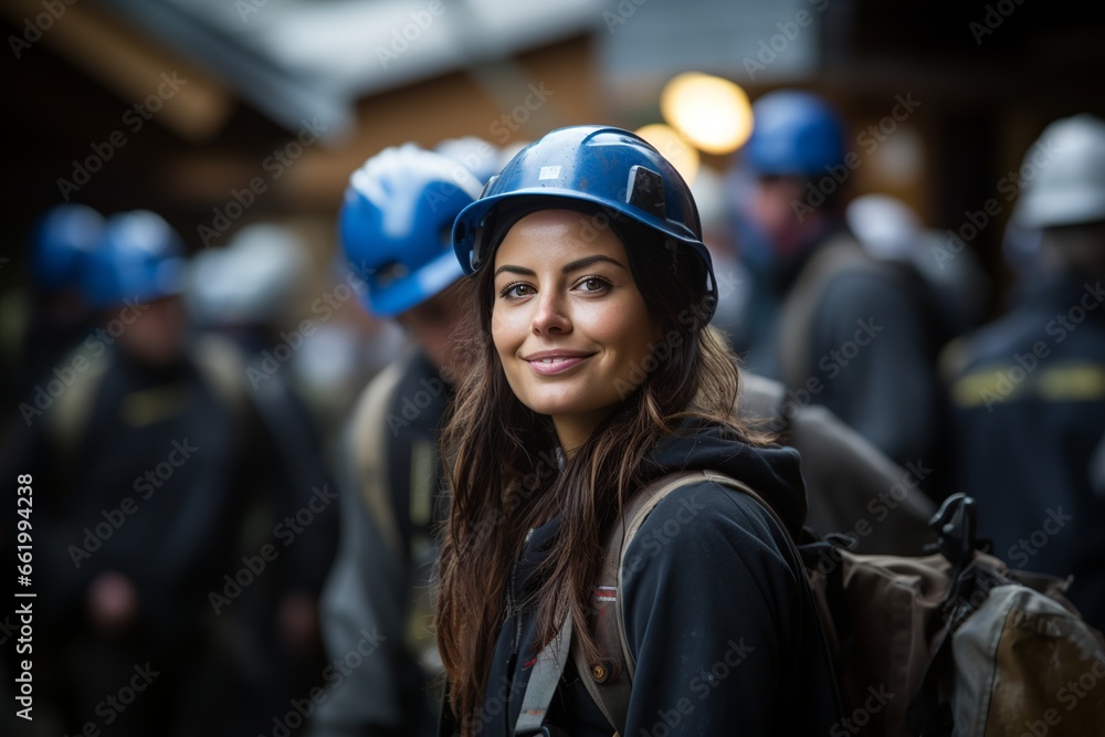 young caucasian woman working in construction wearing protective clothing and blue helmet young caucasian woman working in construction wearing protective clothing and blue helmet