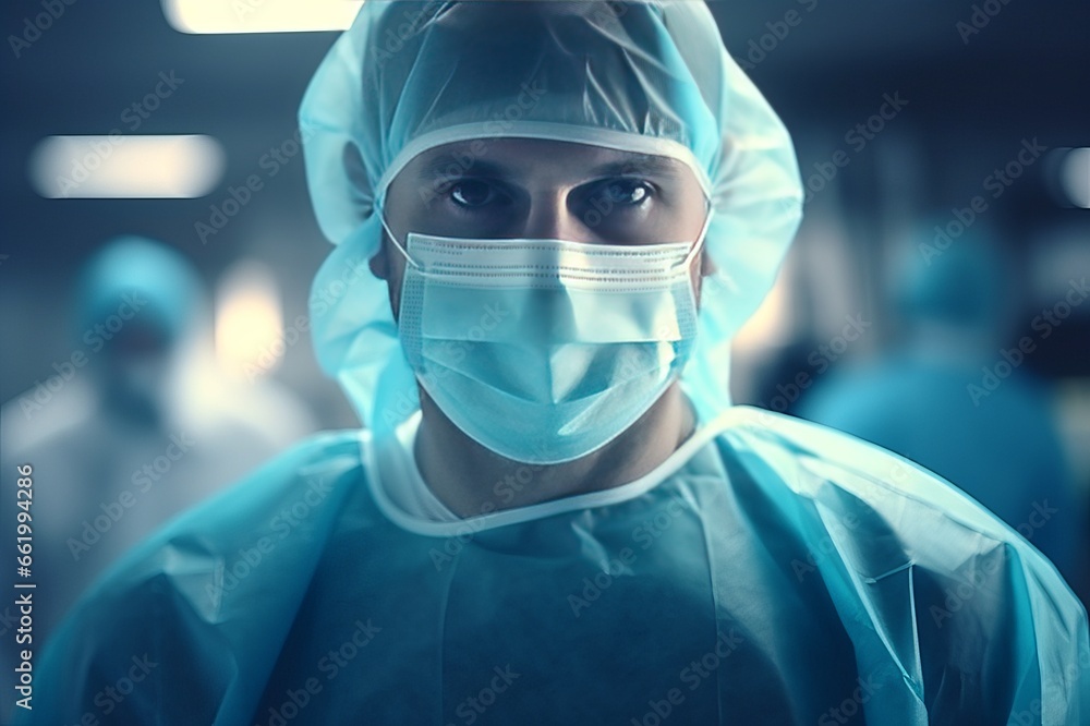 Portrait of a surgeon, a young doctor in a protective medical suit and with a mask on his face.