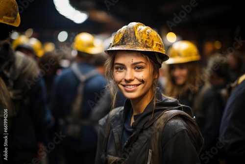 Beautiful blonde woman working in a mine, with yellow helmet and covered in dust and dirt