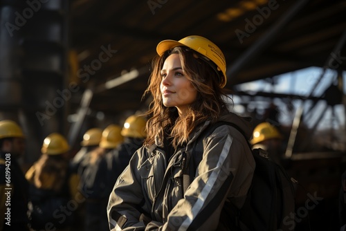 Lovely Woman Working In Construction With Yellow Helmet And Winter Protective Clothing