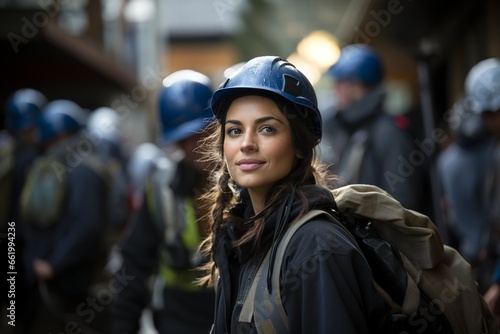 young caucasian woman with pigtails working in construction wearing protective clothing and blue helmet and backpack