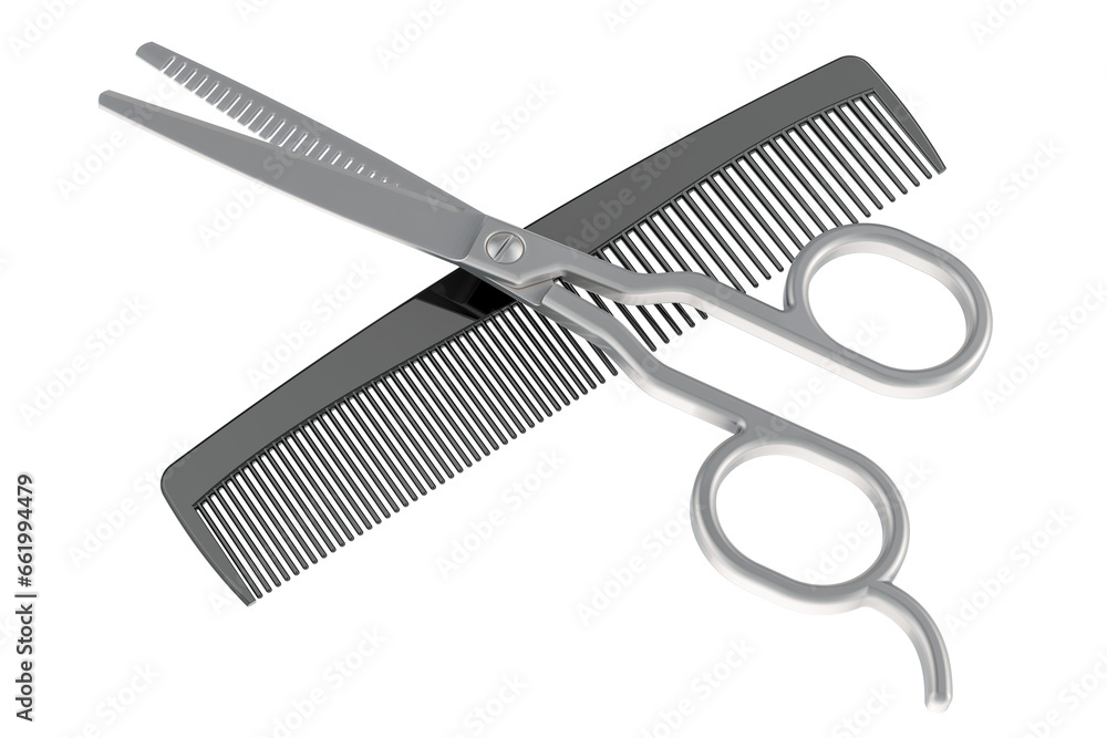 Hair cutting scissors and comb crossed, 3D rendering isolated on transparent background Hair cutting scissors and comb crossed, 3D rendering isolated on transparent background