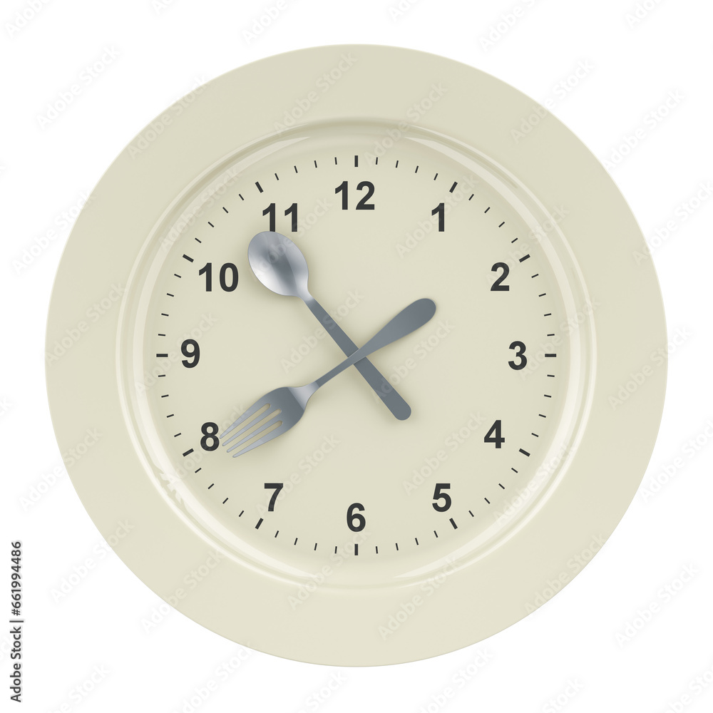 Intermittent fasting, lunchtime, diet and weight loss, concept. Dinner plate with clock face, 3D rendering isolated on transparent background Intermittent fasting, lunchtime, diet and weight loss, concept. Dinner plate with clock face, 3D rendering isolated on transparent background