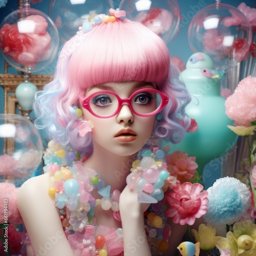 Fantasy portrait, a beautiful young girl like a doll in a pastel colors dress with pink hair and glasses and bubbles around her.