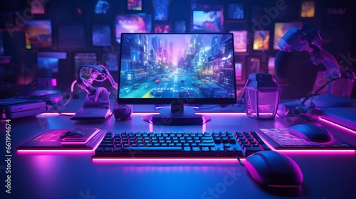 Composite of computer, keyboard with video game accessories and copy space on neon background photo