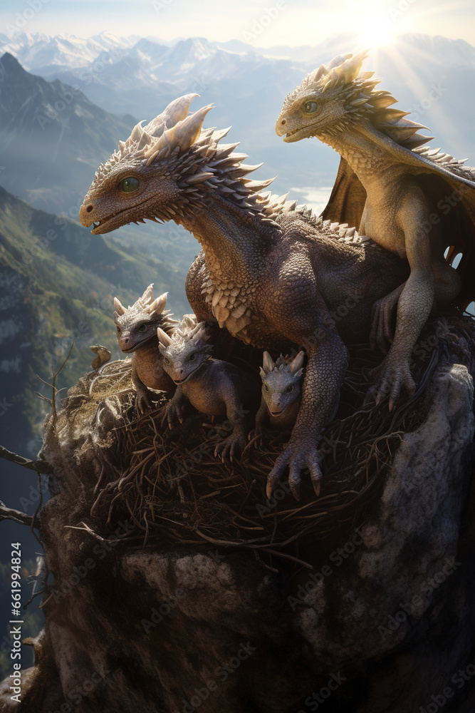 A dragon nest perched high on a mountain cliff, with baby dragons playfully interacting with each other while the mother dragon watches protectively