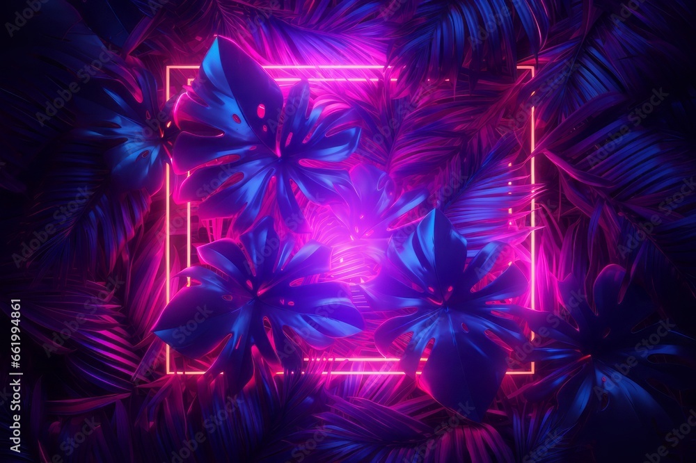 Colorful neon background. Tropical plants and palm leaves in the dark with glowing pink neon square. Colorful neon background. Tropical plants and palm leaves in the dark with glowing pink neon square.