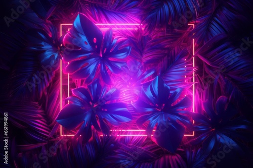 Colorful neon background.  Tropical plants and palm leaves in the dark with glowing pink neon square. 