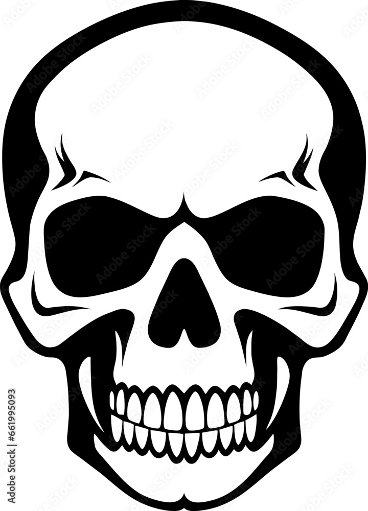 Skull face, front view. Ink black and white drawing. Vector illustration