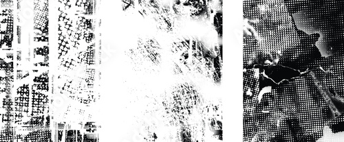 Glitch distorted grungy isolated layers . Design element for brochure, social media, posters, flyers. Overlay texture.Textured banner with Distress effect .Vector halftone dots . Screen print texture
