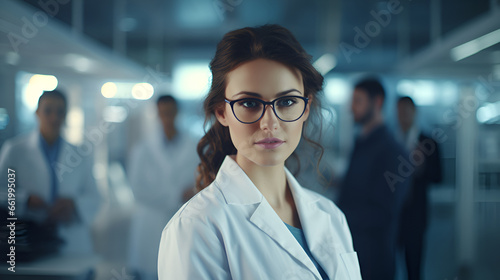 eautiful young woman scientist wearing white coat and glasses in modern Medical Science Laboratory with Team of Specialists on background © Varun