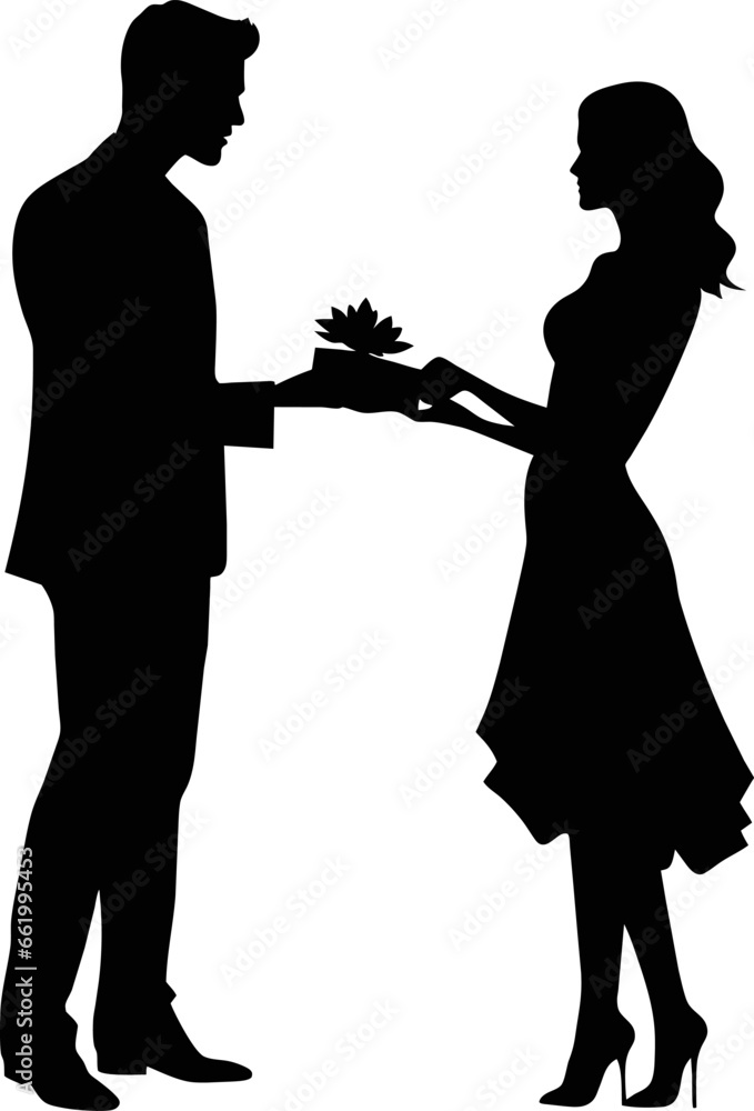 Gift couples silhouette collection. Black silhouette of a couple. A boy giving a gift to a girl. Vector illustration. Collection of romantic love.