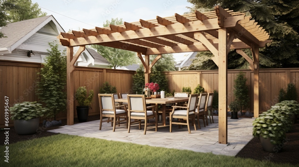 A backyard patio with a wooden pergola and outdoor dining set.
