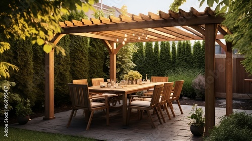 A backyard patio with a wooden pergola and outdoor dining set.