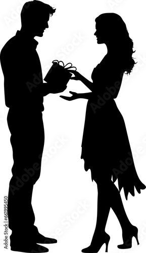 Gift couples silhouette collection. Black silhouette of a couple. A boy giving a gift to a girl. Vector illustration. Collection of romantic love.