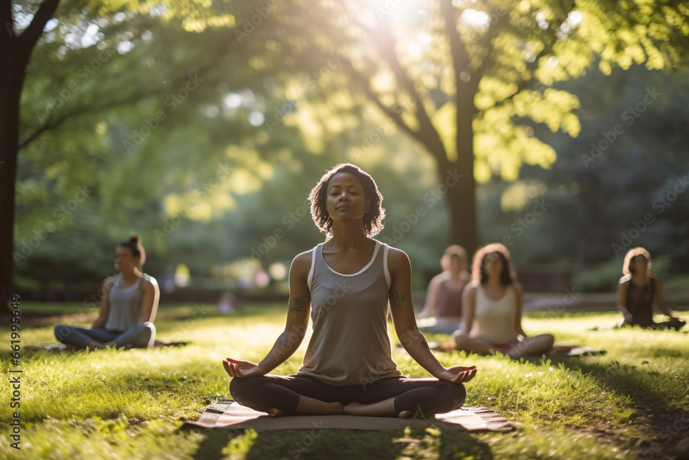 Embracing Wellness Amidst Pandemic  Women Engaging in Socially Distanced Yoga at Park
