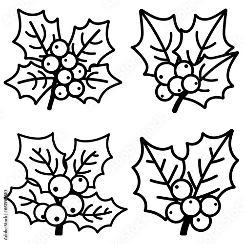 Christmas holly berry leaves. Set of black contours of Christmas holly berry leaves.