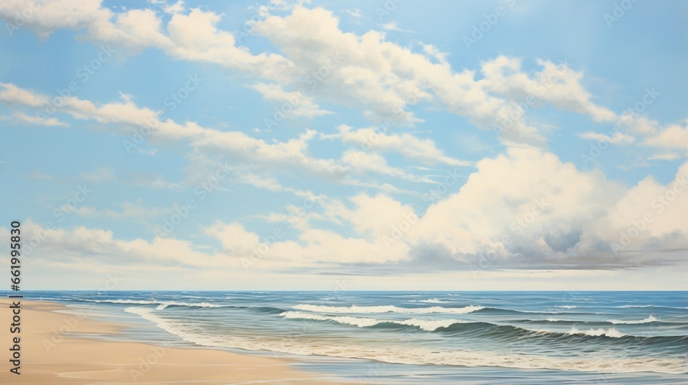 A beach scene with sand, sea, and sky in varying shades of blue and beige.