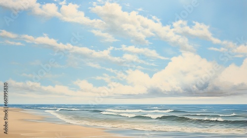 A beach scene with sand, sea, and sky in varying shades of blue and beige.