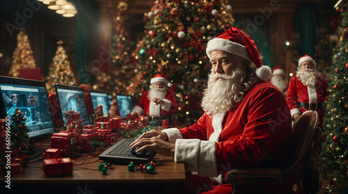 Santa Claus with christmas gifts, working with advance technology.
