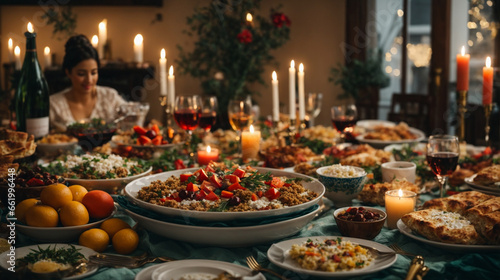 Traditional Greek New Year's Eve feast, with delicious food, candles, and the warmth of family gatherings.