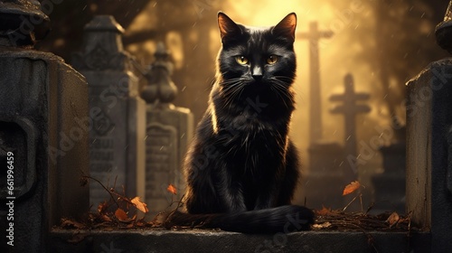 A black cat with glowing eyes stands between weathered tombstones.