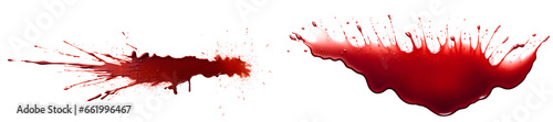 collection of red blood splatters, flowing bloody stains, splashes and drops. Trail and drips red blood close up. photo