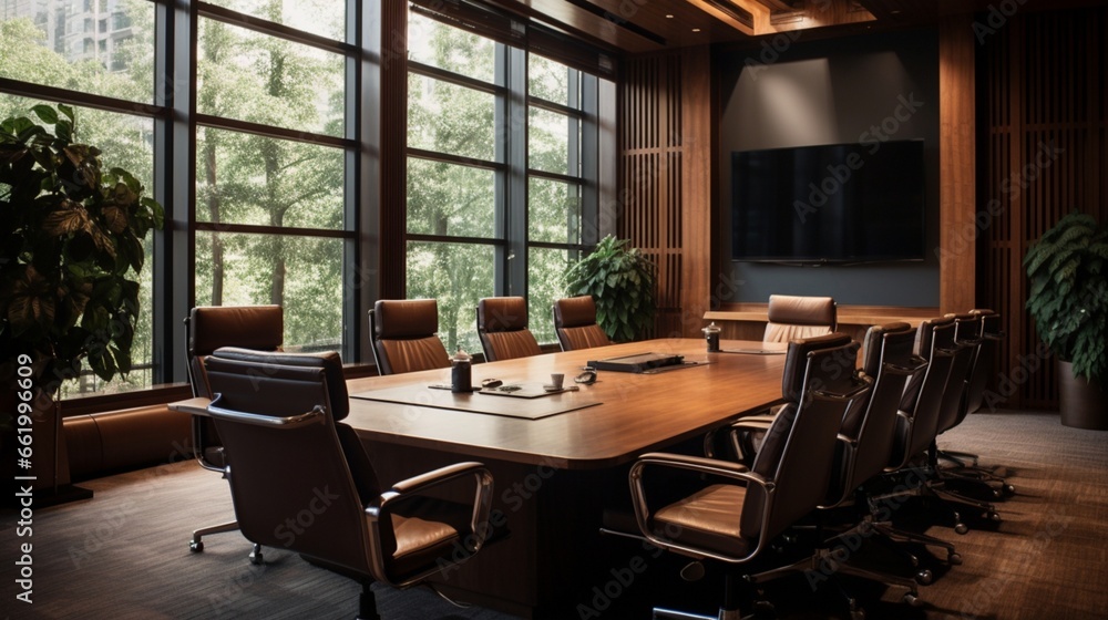 A boardroom with a polished wooden table, high-back chairs, and a projector screen.