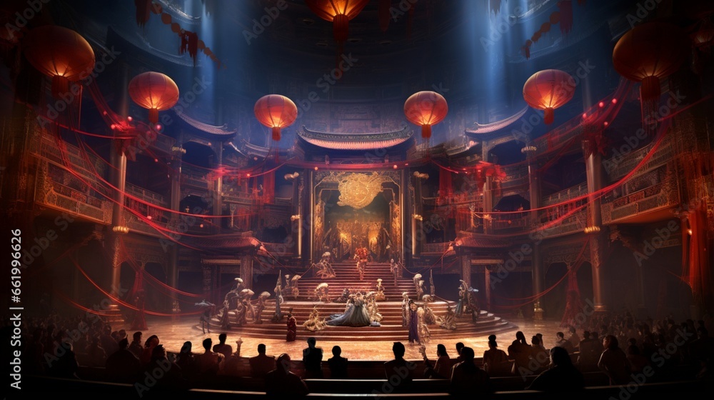 A breathtaking view of a Chinese opera house's interior, showcasing intricate stage designs and vibrant costumes. - obrazy, fototapety, plakaty 