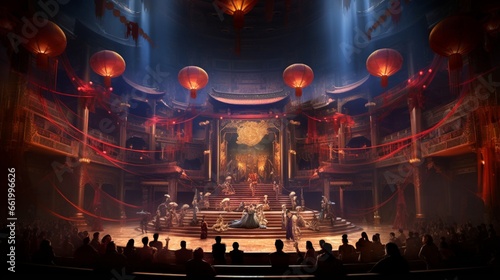 A breathtaking view of a Chinese opera house's interior, showcasing intricate stage designs and vibrant costumes. photo