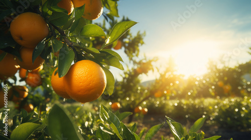 Fresh orange in the field and plantation under the sun light. Created using generative AI.