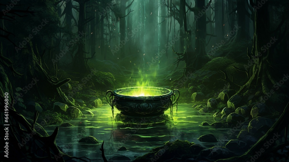Obraz na płótnie A bubbling cauldron emits an eerie green light in a moonlit forest clearing. w salonie
