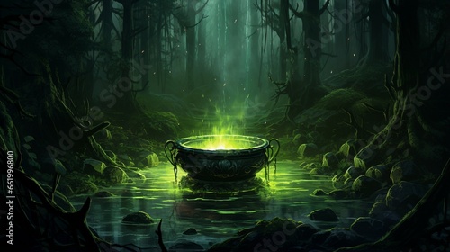 A bubbling cauldron emits an eerie green light in a moonlit forest clearing. photo