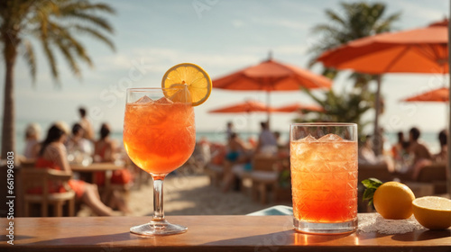 Cocktail on the beach. A visual representation of coastal elegance, with an Aperol Spritz elegantly garnished and served on a beachfront bar, epitomizing summertime. photo