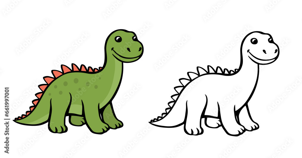 Cute cartoon young dinosaur. Green brontosaurus. Vector isolated clipart illustration. Black and color. Coloring page for kids