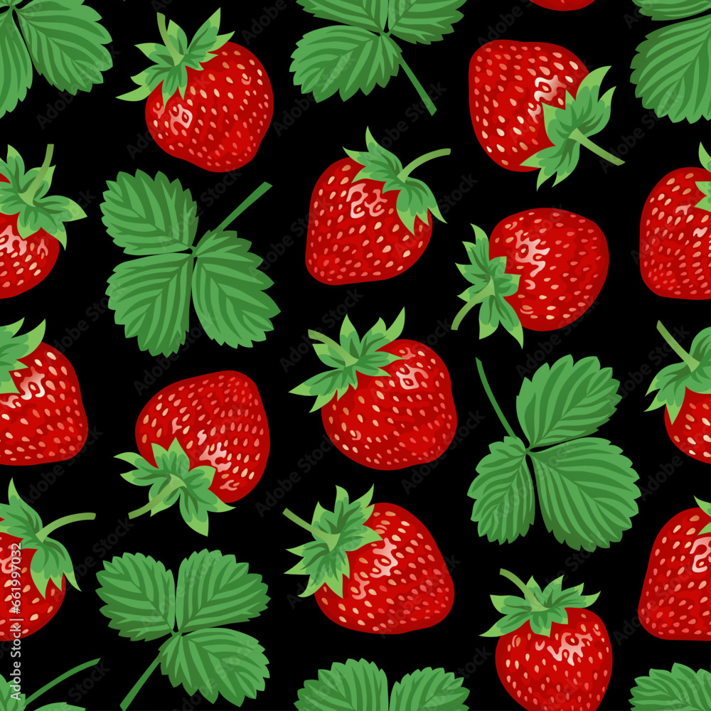 Strawberry. Strawberry seamless pattern on a black background. Summer strawberry, whole with leaves. The design is great for wallpaper, fabric, labels, packaging. Strawberry. Strawberry seamless pattern on a black background. Summer strawberry, whole with leaves. The design is great for wallpaper, fabric, labels, packaging.