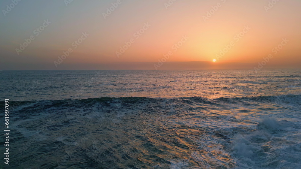 Powerful waves evening seascape slow motion. Dawn water surface serene skyline