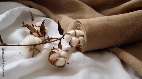 A bundle of raw cotton next to finished cotton fabric. photo