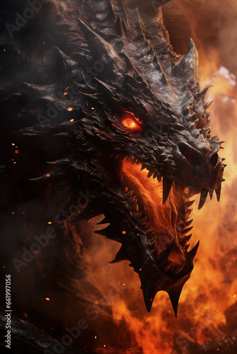 Close-up of a dragon s snout  tendrils of smoke escaping its nostrils. With a sudden burst  a torrent of flames engulfs the foreground  revealing the dragon s fierce and unyielding gaze