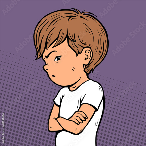 Offended little boy. Stubborn pose. Dissatisfied child. Cartoon vector illustration pop art. Hand drawn line