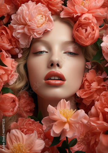 face of a young woman with stylish makeup surrounded by flowers, beauty, lipstick, portrait, lips, eyes, girl, feminine, cosmetics, shadows, skin care, glamour, fashion, model, bloom, spring, romantic © Julia Zarubina