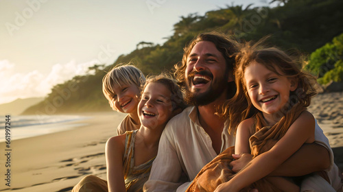 family smiling and enjoying the sea on the beaches of Costa Rica, incredible sunset from a trip through Central America © Juan Gumin