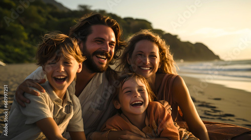 family smiling and enjoying the sea on the beaches of Costa Rica  incredible sunset from a trip through Central America