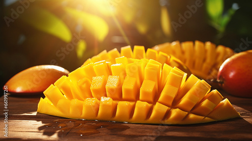 Fruit menu organic mango product on the chopping block with sunshine. Created using generative AI.