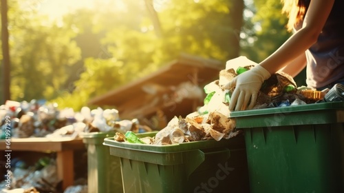A photograph that emphasizes recycling. A person putting garbage in the recycling bin